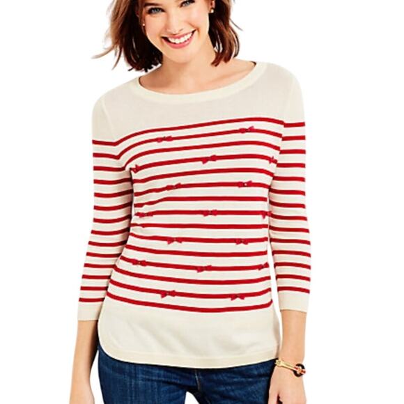 Talbots Sweaters - Talbots Petite Poppy Red Striped Bow Sweater Size Large Lightweight Knit‎ Tunic